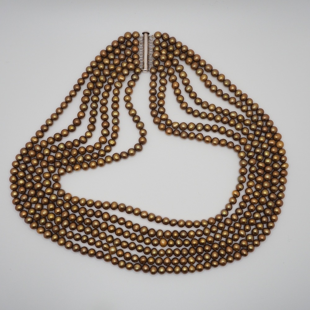 Vintage Multi Strand Necklace Golden Bronze Cultured Pearl Sterling Silver 925